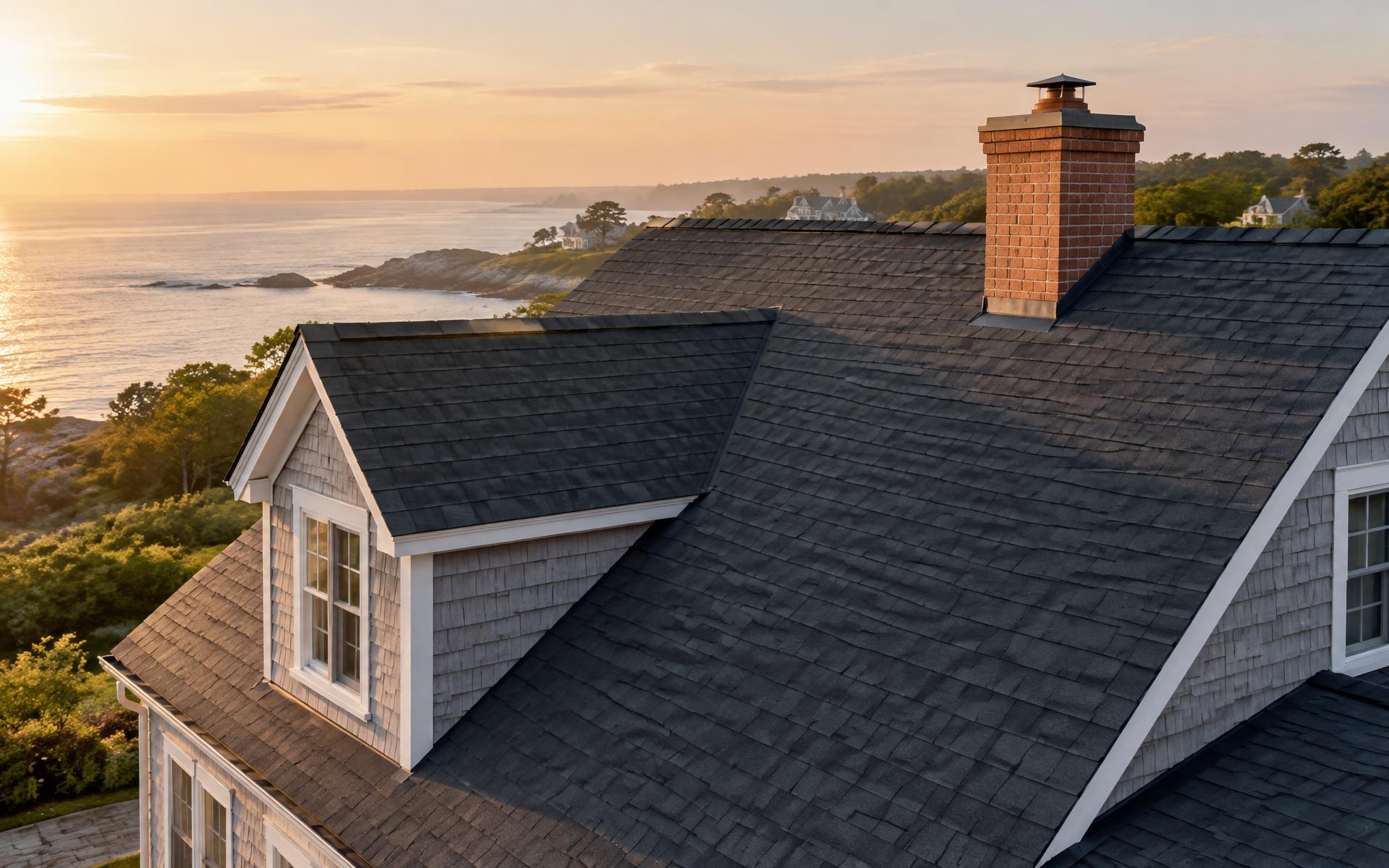 Completed dark asphalt shingle roof with brick chimney on a coastal New England home